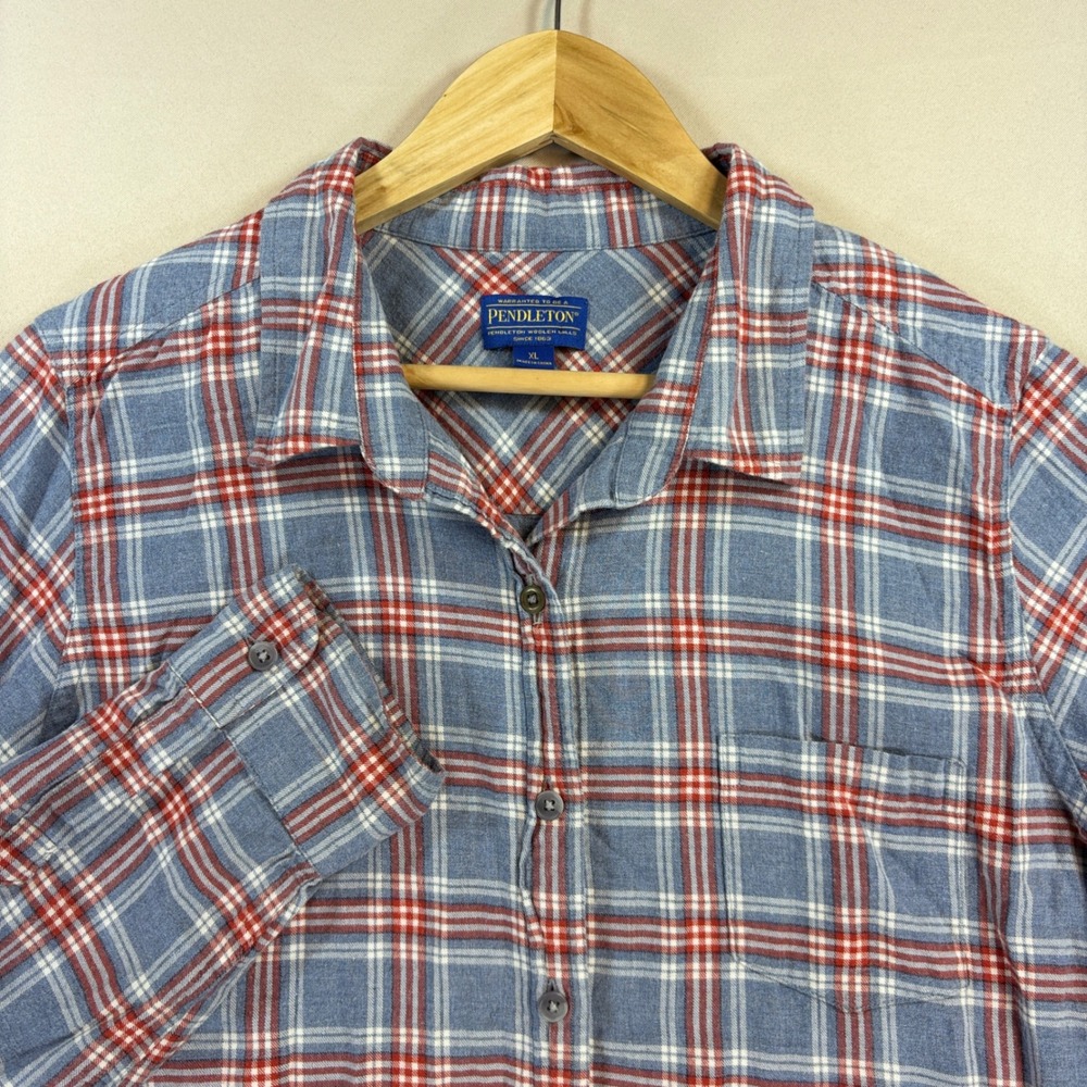 Pendleton Flannel Shirt Womens XL Blue Red Plaid Cotton Button Down Outdoor